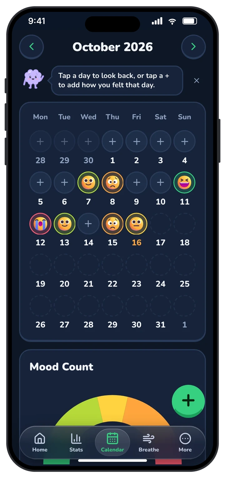 Brain Pal calendar of daily mood faces